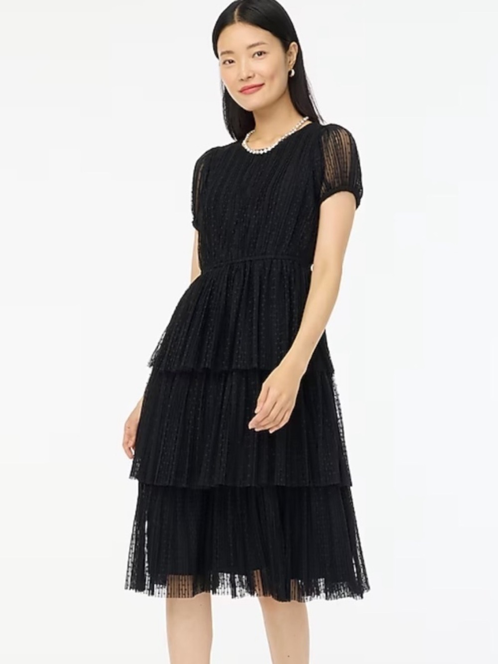 J.Crew Pleated Flock-Dot Puff-Sleeve Dress Size 8 Black Tiered Midi Dress Tulle